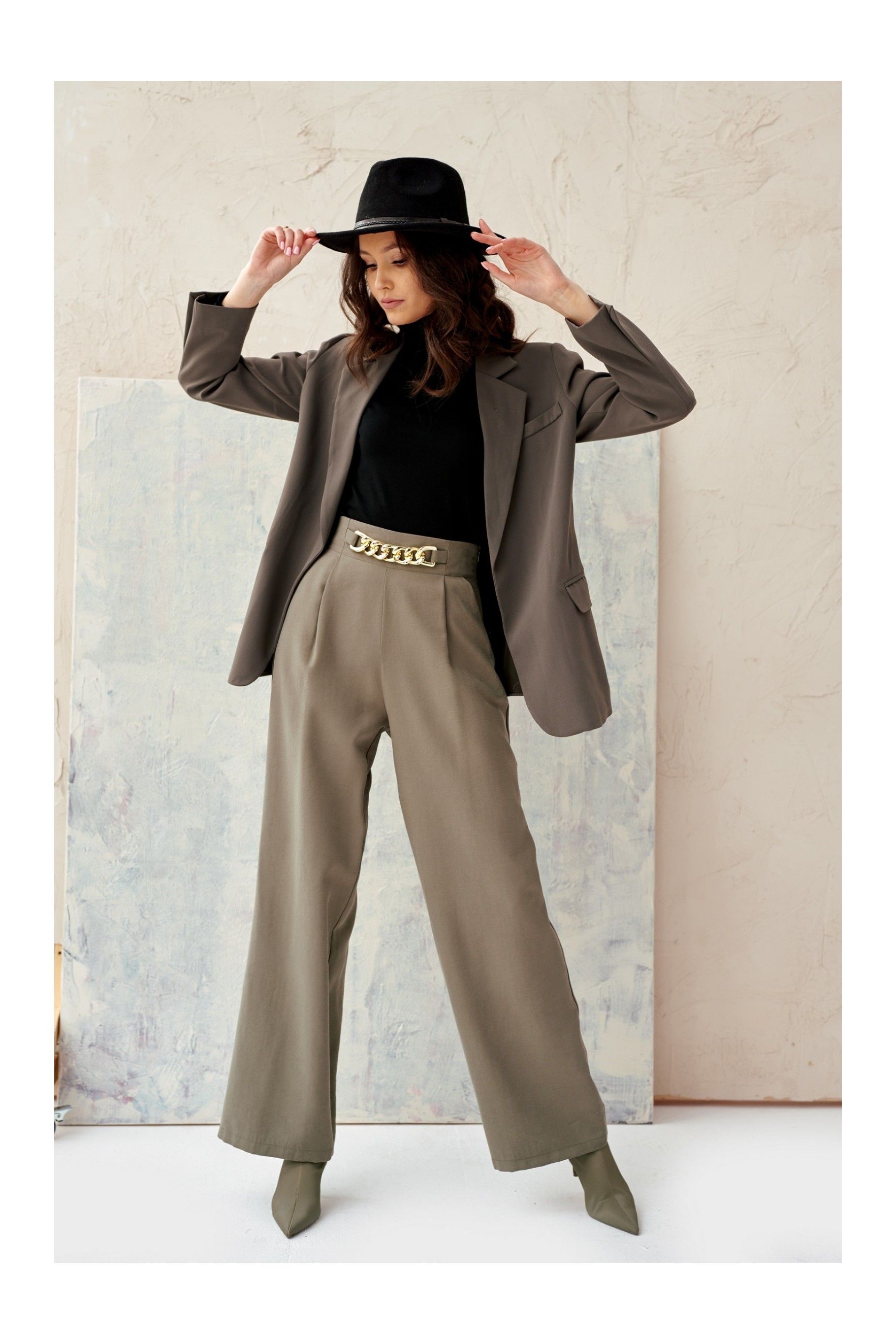 Audrey - wide women's trousers with a decorative chain KHK