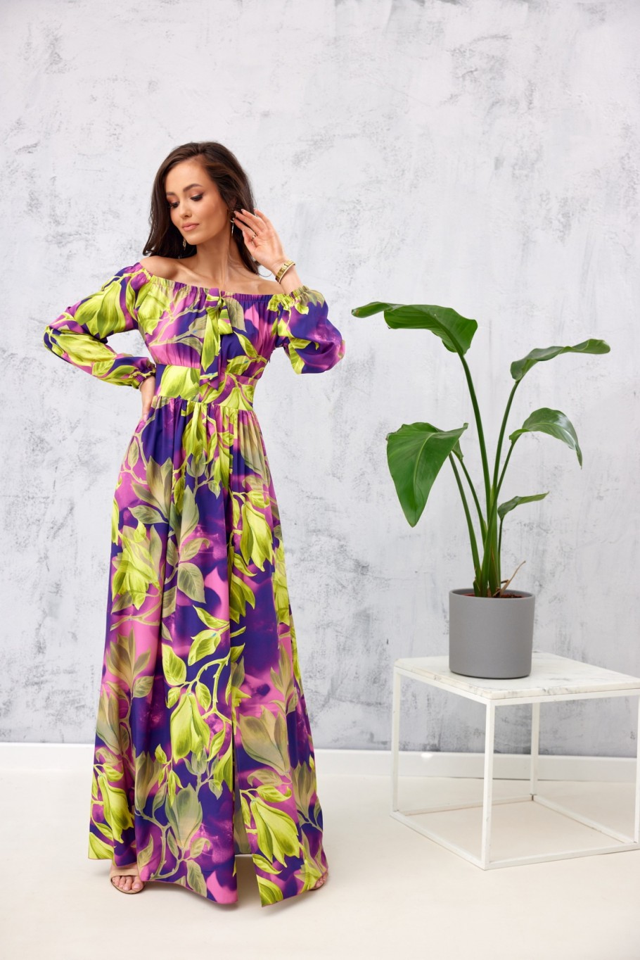 Bona - long off-the-shoulder dress with a tie at the neckline L55
