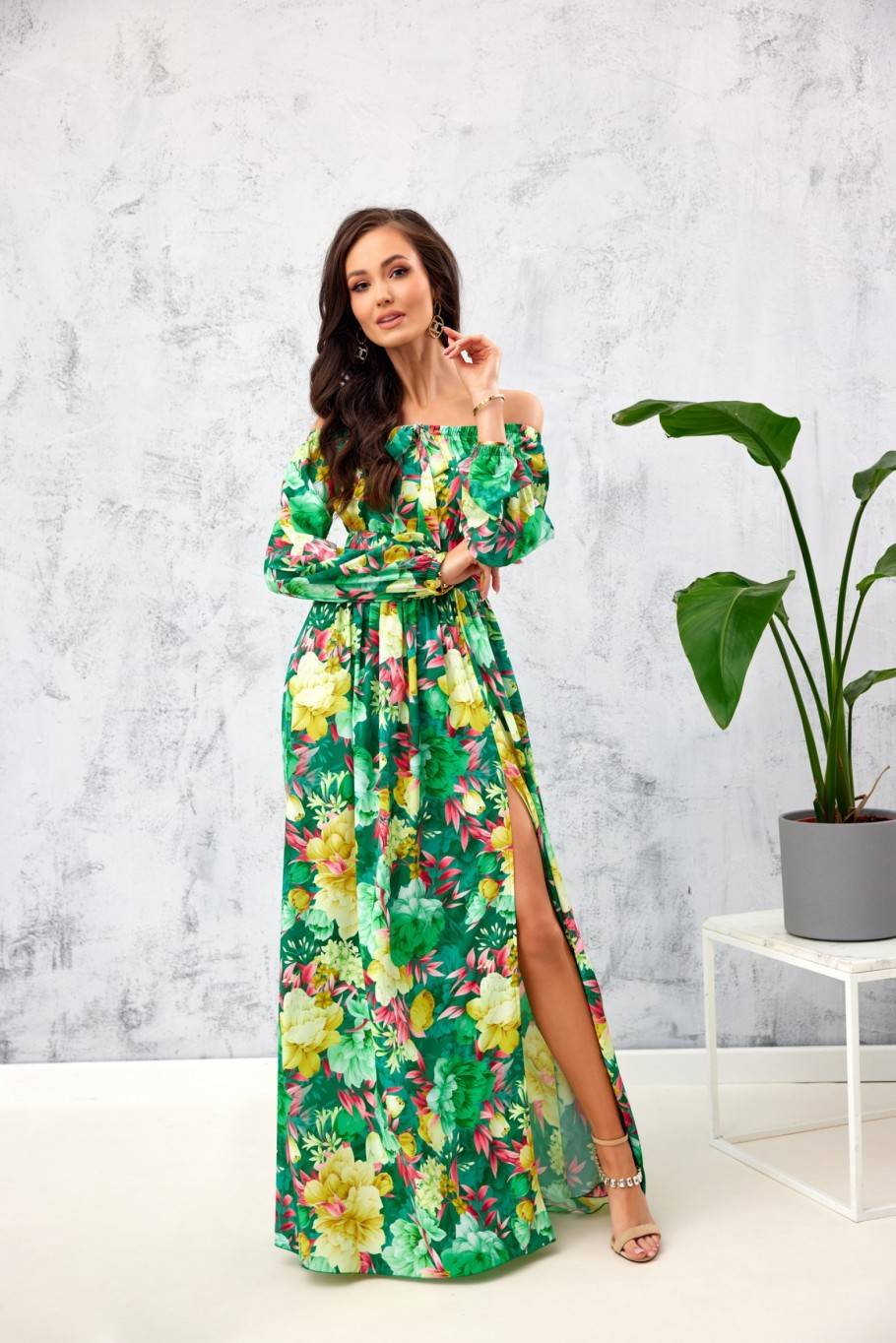 Bona - long off-the-shoulder dress with a tie at the neckline L51