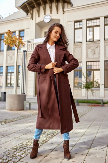 Sovan - długi płaszcz damski z wiązaniem BRA