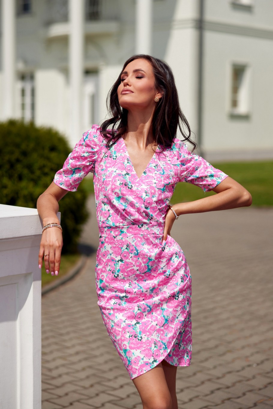 Tamara - patterned dress with short puffy sleeves E43