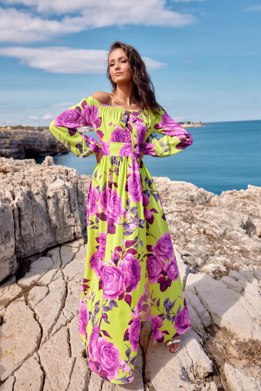 Bona - long off-the-shoulder dress with a tie at the neckline L88
