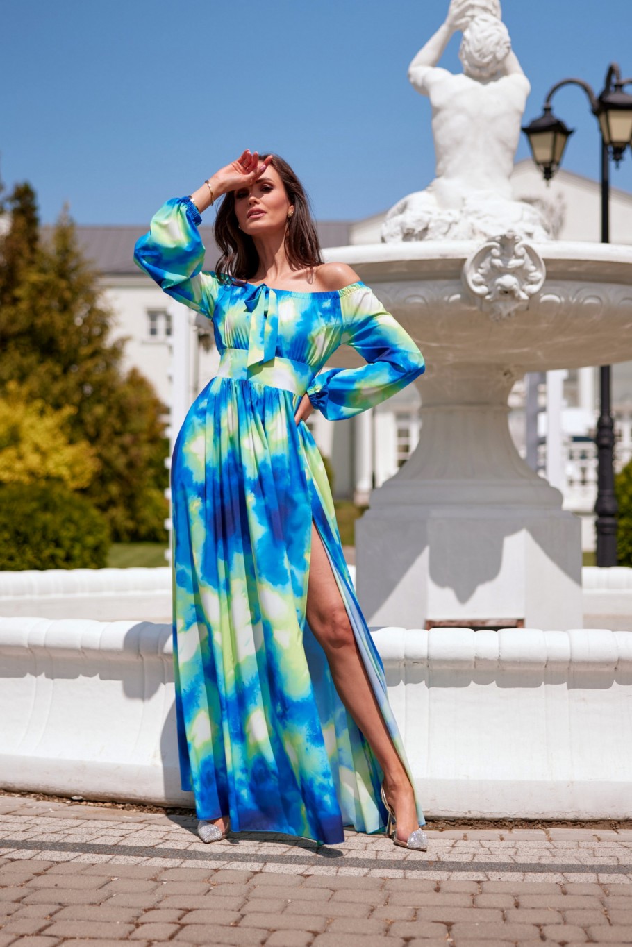 Bona - long off-the-shoulder dress with a tie at the neckline L90