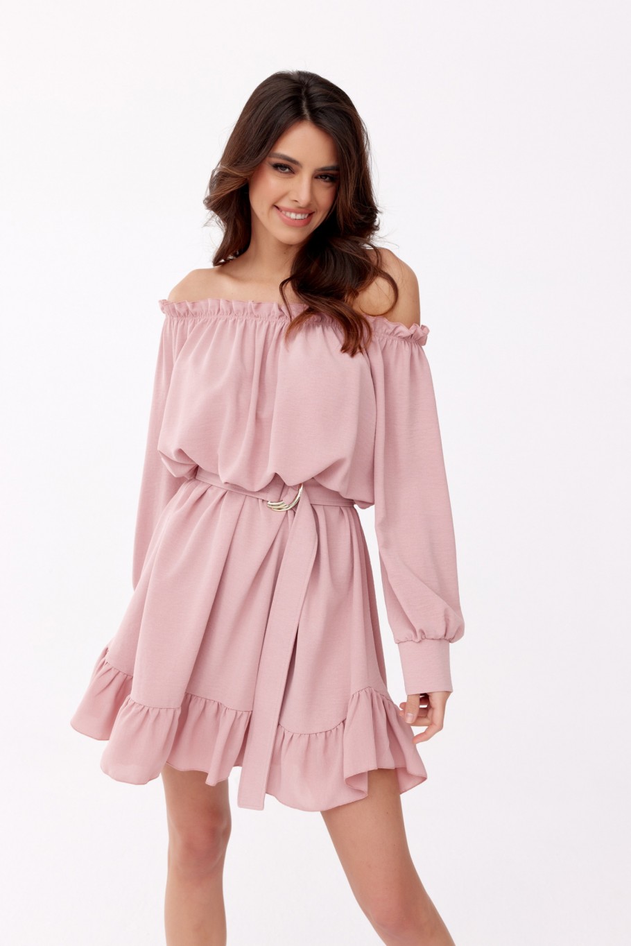 Cindy - off-the-shoulder dress with ruffles and adjustable belt ROZ