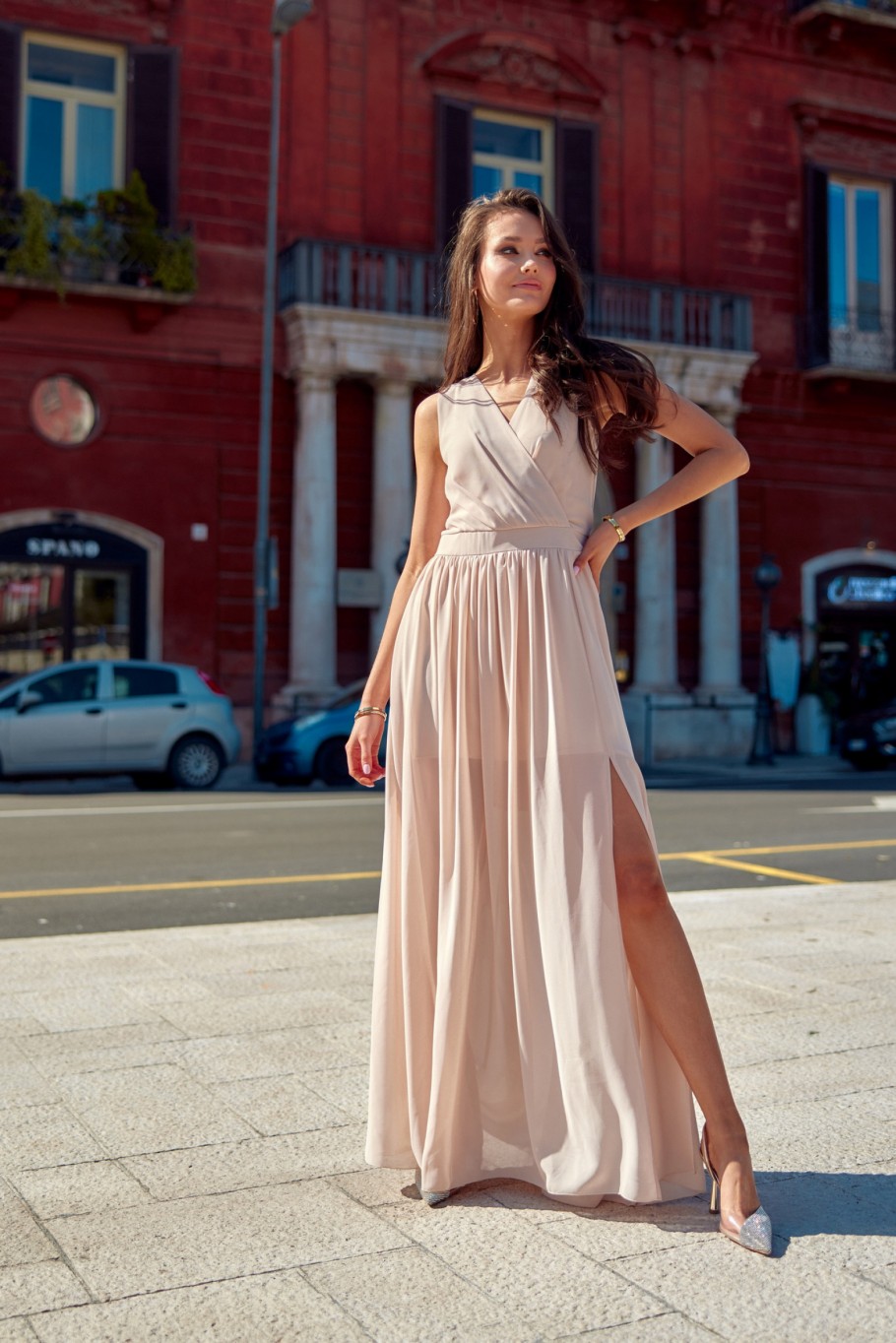 Mirabel - long dress with an envelope neckline and a tie on the back BEZ