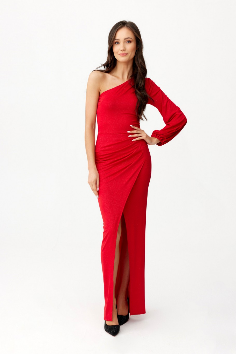 Natalie - glitter maxi dress with one-shoulder sleeves CZE