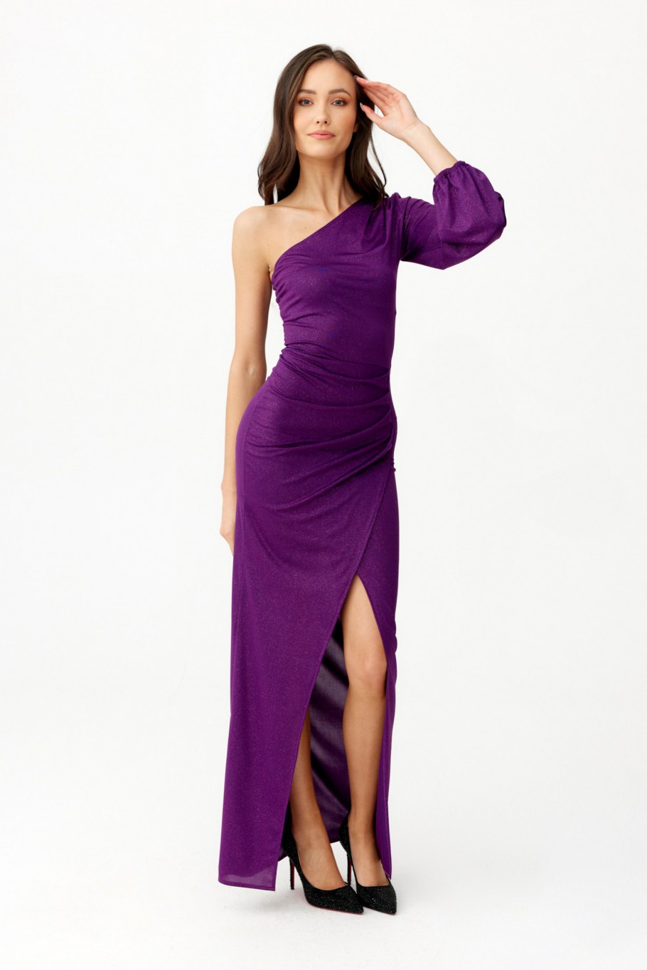 Natalie - glitter maxi dress with one-shoulder sleeves BIS