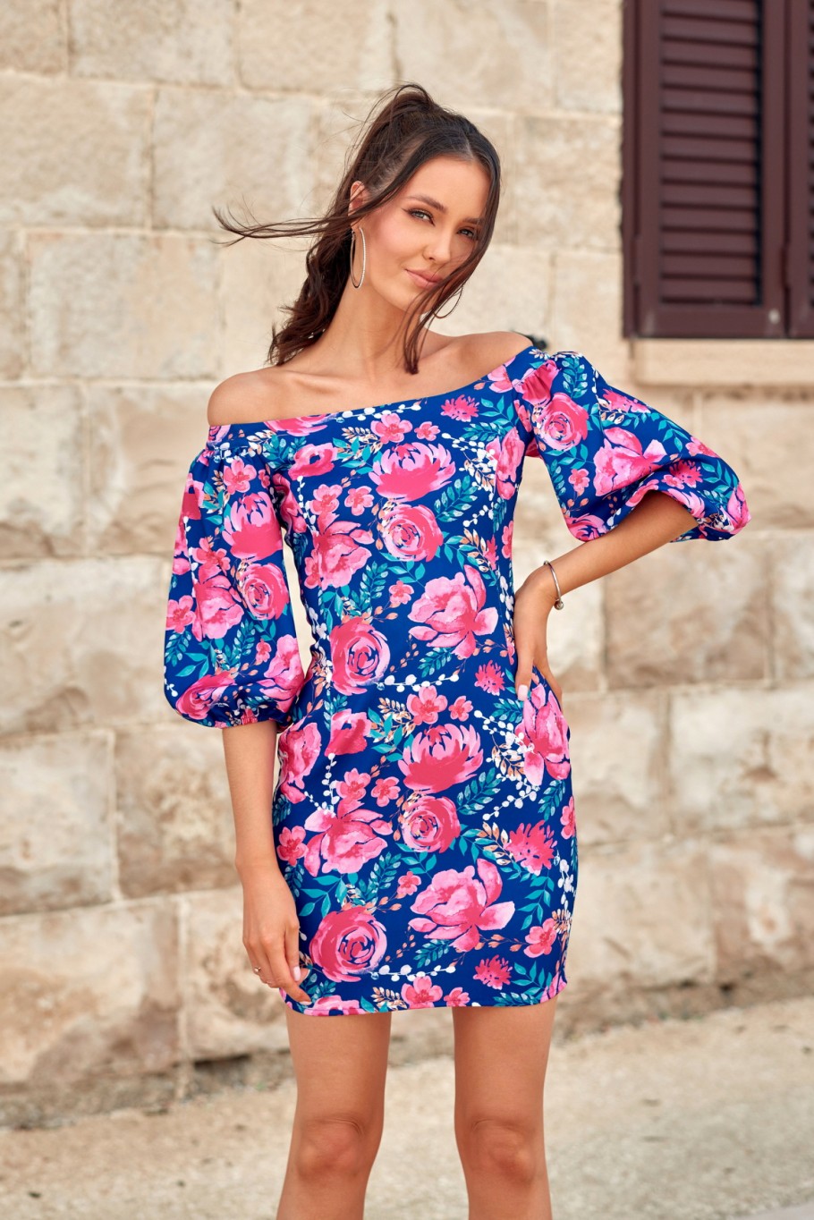 Cara - off-the-shoulder dress with puffy 3/4 sleeves E29